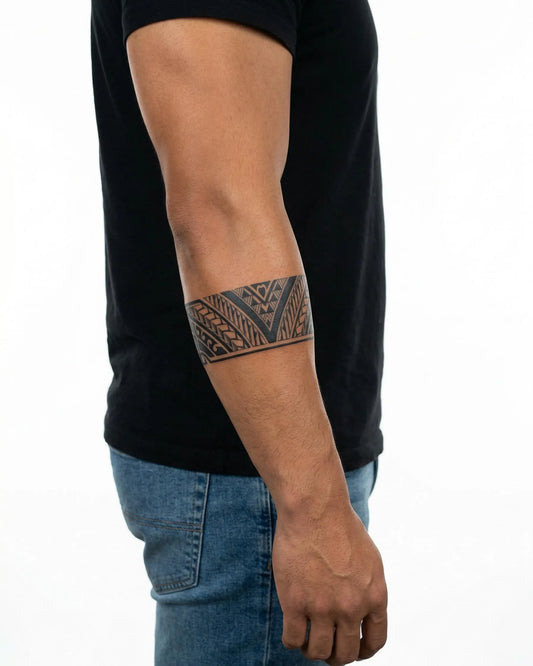 INKON Polynesian V-Pattern Band semi-permanent tattoo applied on a man – 2 x 9 in (5x23cm) design, realistic ink look, lasts 10 days