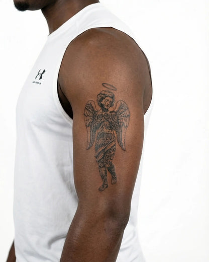 INKON Lettered Angel semi-permanent tattoo applied on a man – 4 x 7 in (10x17cm) design, realistic ink look, lasts 10 days