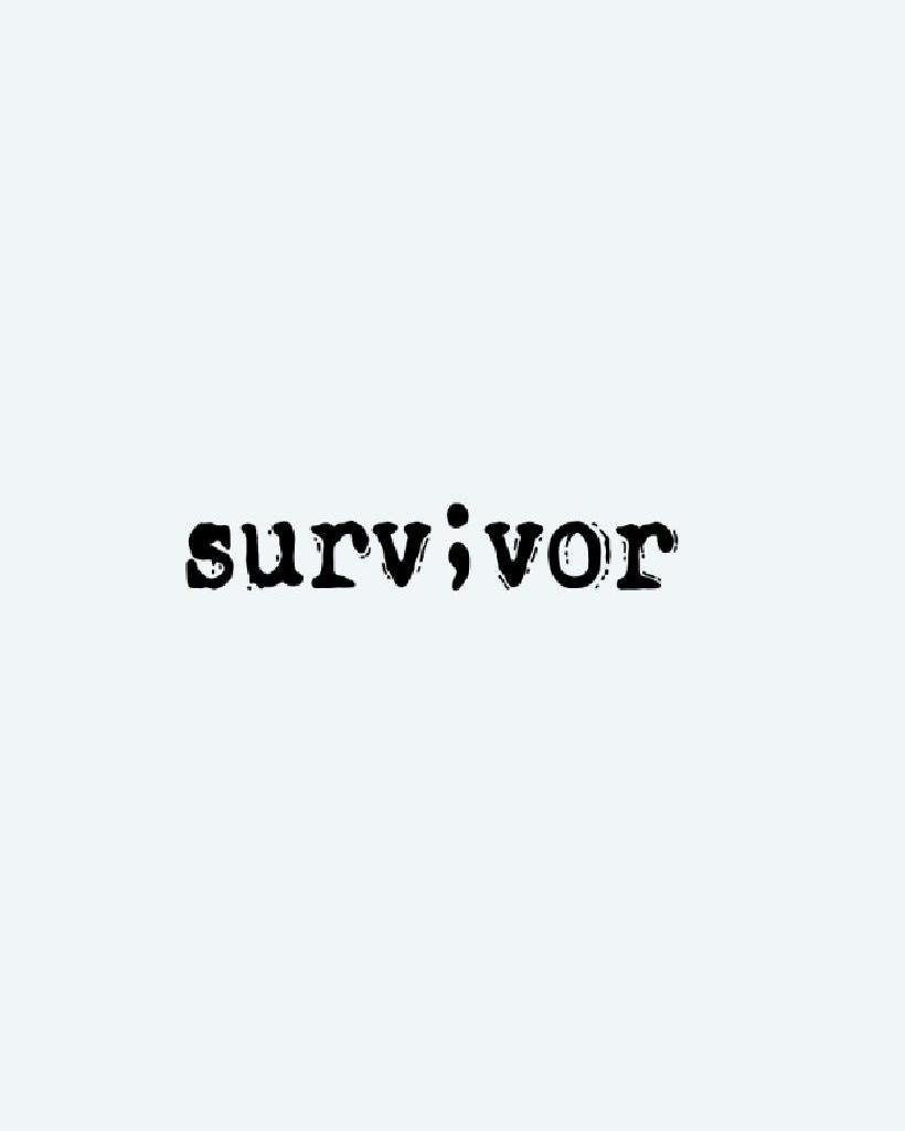 Semicolon Survivor semi-permanent tattoo design by INKON – distressed, typewriter, typography, spells, survivor illustration, 2 x 2 in (5x5cm), available at inkon.co