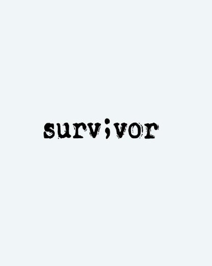 Semicolon Survivor semi-permanent tattoo design by INKON – distressed, typewriter, typography, spells, survivor illustration, 2 x 2 in (5x5cm), available at inkon.co
