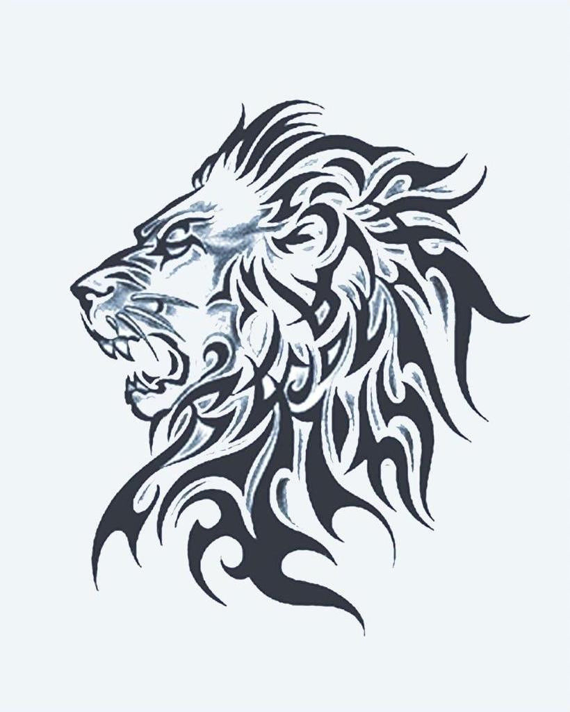 Tribal Lion Profile semi-permanent tattoo design by INKON – roaring, lion, head, flowing, tribal illustration, 4 x 7 in (10x17cm), available at inkon.co