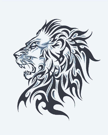 Tribal Lion Profile semi-permanent tattoo design by INKON – roaring, lion, head, flowing, tribal illustration, 4 x 7 in (10x17cm), available at inkon.co