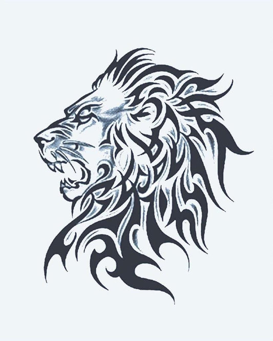 Tribal Lion Profile semi-permanent tattoo design by INKON – roaring, lion, head, flowing, tribal illustration, 4 x 7 in (10x17cm), available at inkon.co