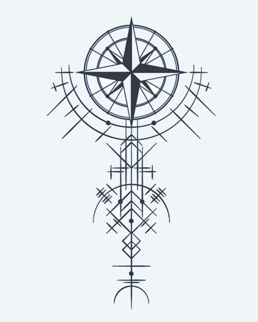 Geometric Compass Rose semi-permanent tattoo design by INKON – compass, star, geometric, line, patterns illustration, 4 x 7 in (10x17cm), available at inkon.co