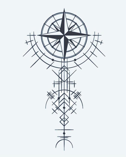 Geometric Compass Rose semi-permanent tattoo design by INKON – compass, star, geometric, line, patterns illustration, 4 x 7 in (10x17cm), available at inkon.co