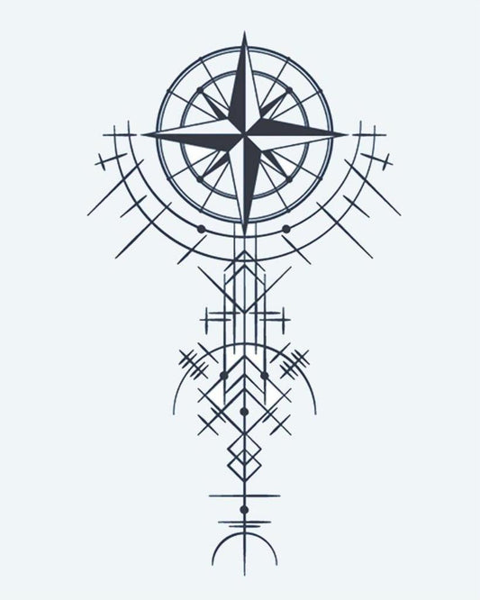 Geometric Compass Rose semi-permanent tattoo design by INKON – compass, star, geometric, line, patterns illustration, 4 x 7 in (10x17cm), available at inkon.co