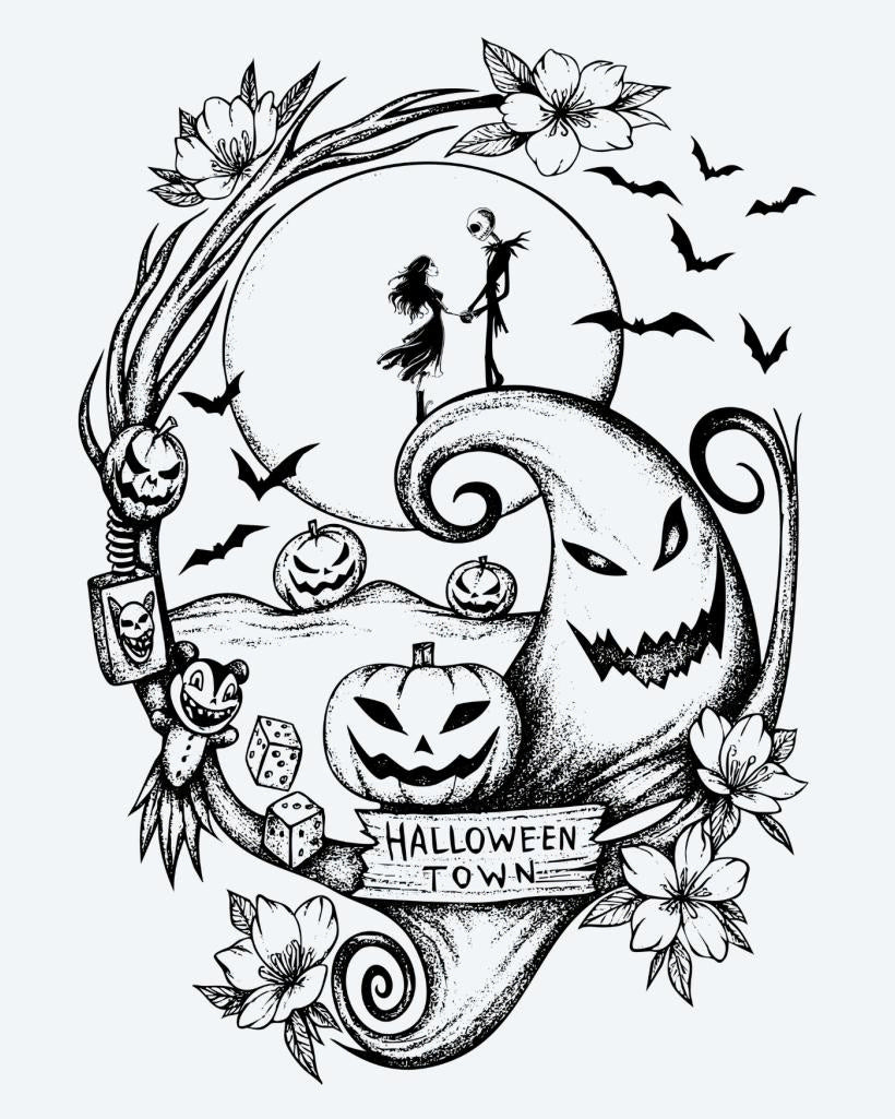 Halloween Town semi-permanent tattoo design by INKON – whimsical, halloween, scene, jack, lanterns illustration, 4 x 7 in (10x17cm), available at inkon.co