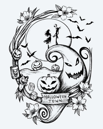 Halloween Town semi-permanent tattoo design by INKON – whimsical, halloween, scene, jack, lanterns illustration, 4 x 7 in (10x17cm), available at inkon.co