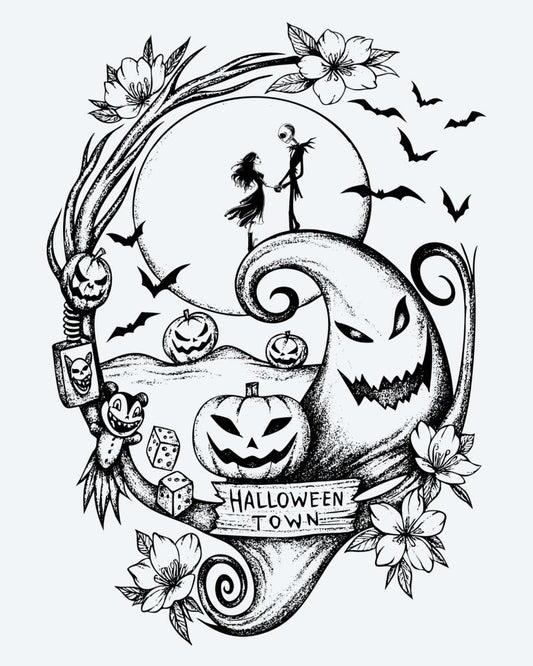 Halloween Town semi-permanent tattoo design by INKON – whimsical, halloween, scene, jack, lanterns illustration, 4 x 7 in (10x17cm), available at inkon.co