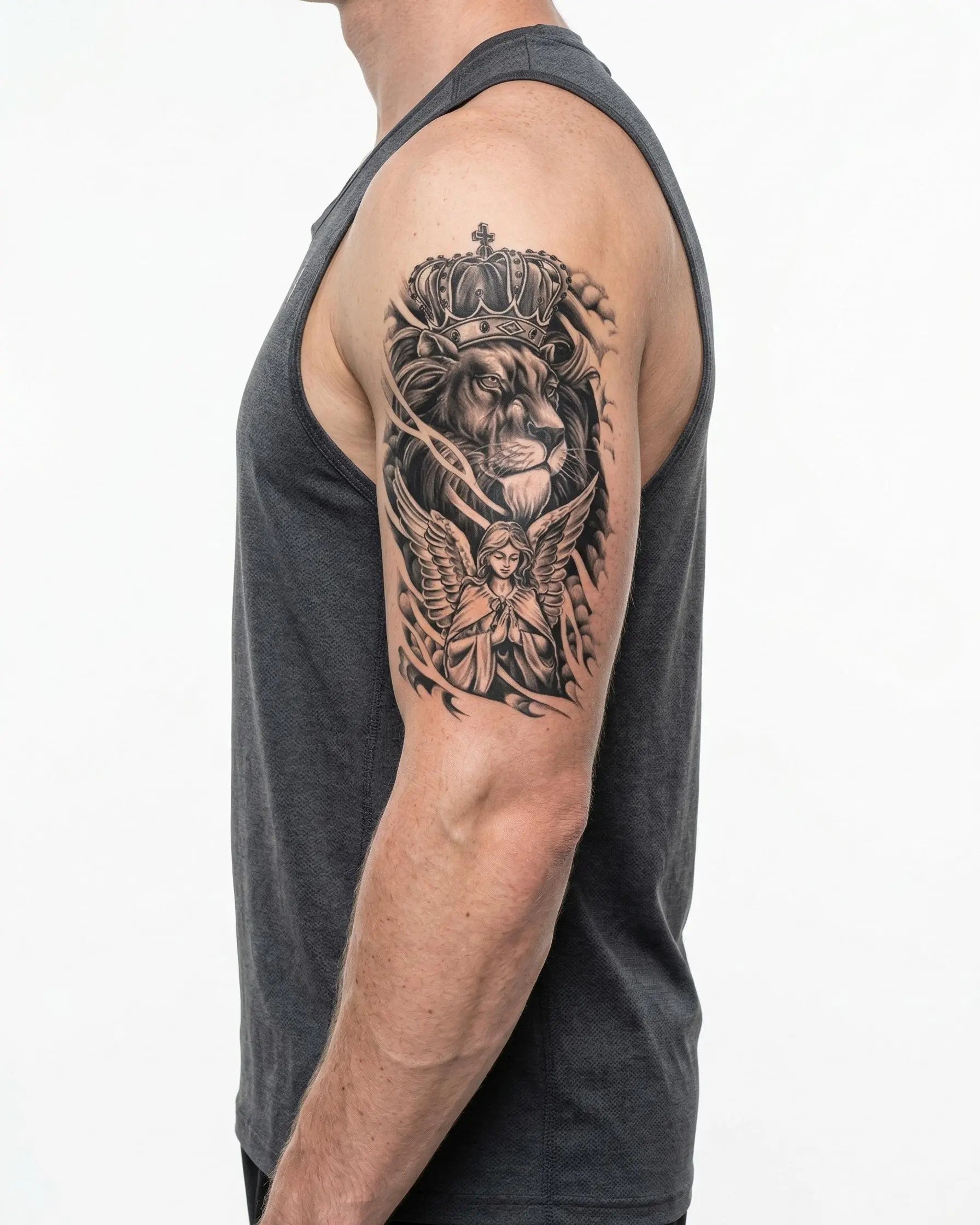 INKON Crowned Lion & Angel semi-permanent tattoo applied on a man – 4 x 7 in (10x17cm) design, realistic ink look, lasts 10 days