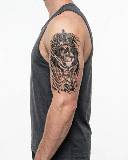 INKON Crowned Lion & Angel semi-permanent tattoo applied on a man – 4 x 7 in (10x17cm) design, realistic ink look, lasts 10 days
