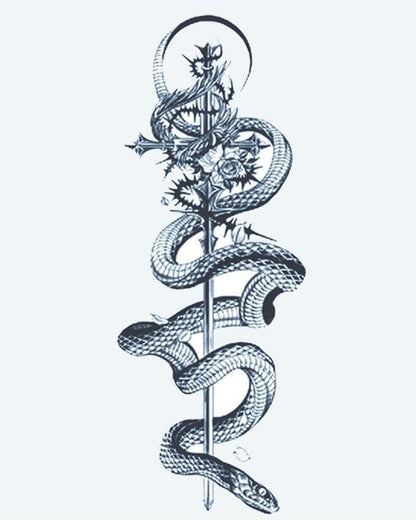 Serpent & Sword semi-permanent tattoo design by INKON – snake, coiling, sword, roses, crescent illustration, 4 x 7 in (10x17cm), available at inkon.co
