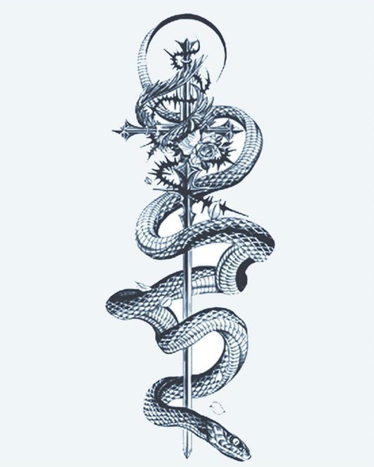 Serpent & Sword semi-permanent tattoo design by INKON – snake, coiling, sword, roses, crescent illustration, 4 x 7 in (10x17cm), available at inkon.co