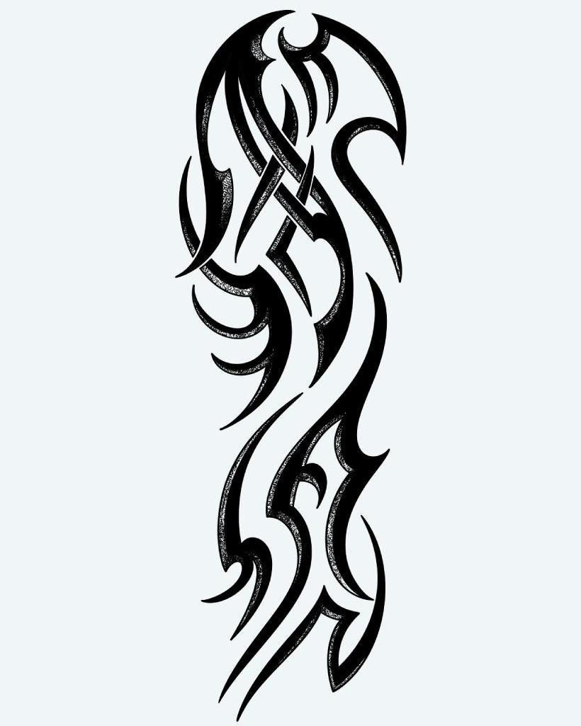 Flowing Tribal Sleeve semi-permanent tattoo design by INKON – dynamic, tribal, flowing, curves, pointed illustration, 8 x 20 in (20x50cm), available at inkon.co