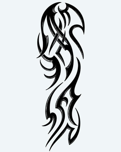 Flowing Tribal Sleeve semi-permanent tattoo design by INKON – dynamic, tribal, flowing, curves, pointed illustration, 8 x 20 in (20x50cm), available at inkon.co