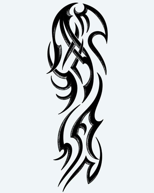 Flowing Tribal Sleeve semi-permanent tattoo design by INKON – dynamic, tribal, flowing, curves, pointed illustration, 8 x 20 in (20x50cm), available at inkon.co