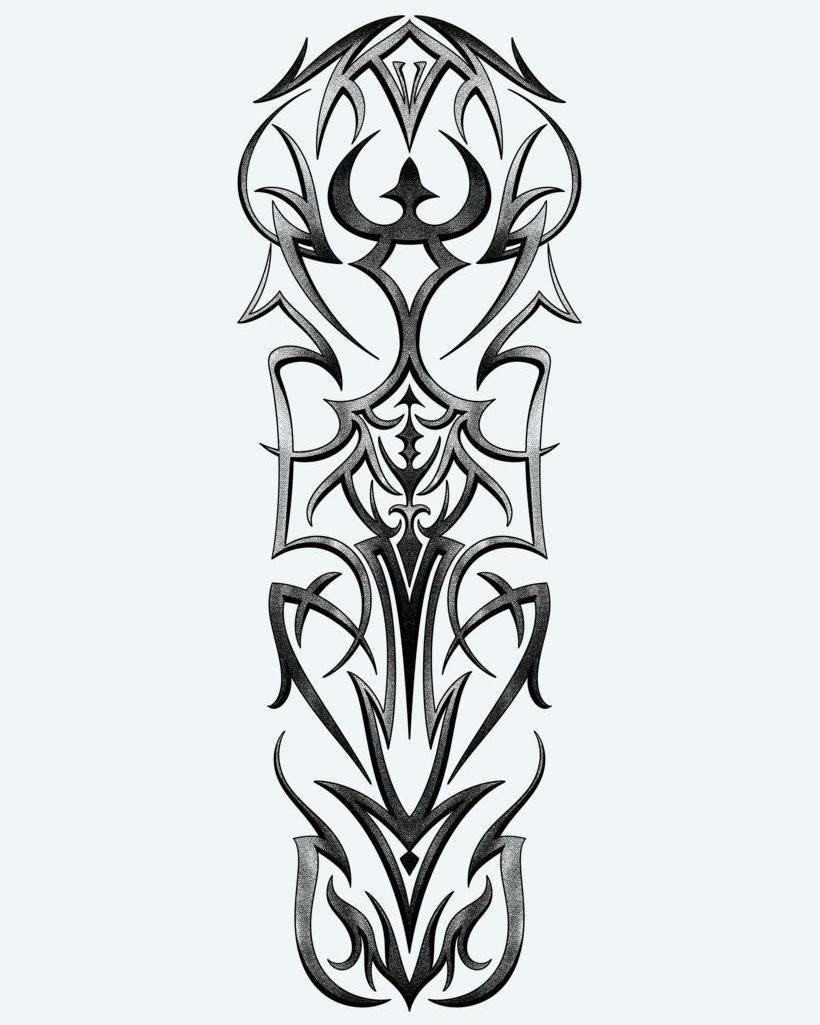 Gothic Tribal Symmetry semi-permanent tattoo design by INKON – symmetrical, gothic, tribal, sharp, interlocking illustration, 8 x 20 in (20x50cm), available at inkon.co