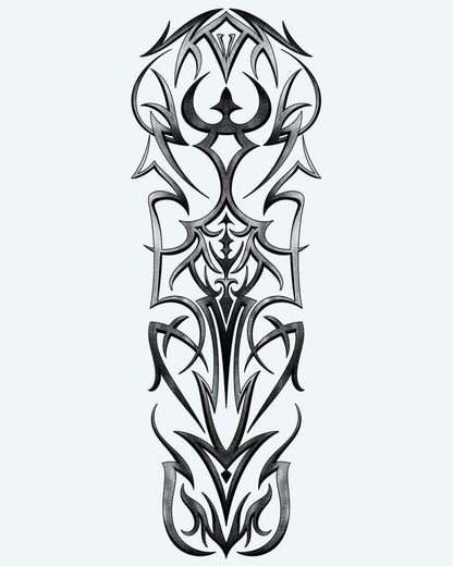 Gothic Tribal Symmetry semi-permanent tattoo design by INKON – symmetrical, gothic, tribal, sharp, interlocking illustration, 8 x 20 in (20x50cm), available at inkon.co