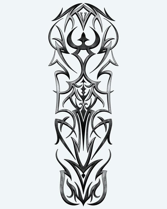 Gothic Tribal Symmetry semi-permanent tattoo design by INKON – symmetrical, gothic, tribal, sharp, interlocking illustration, 8 x 20 in (20x50cm), available at inkon.co