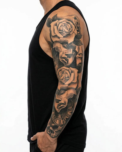 INKON Theater Masks, Roses & Skull semi-permanent tattoo applied on a man – 8 x 20 in (20x50cm) design, realistic ink look, lasts 10 days