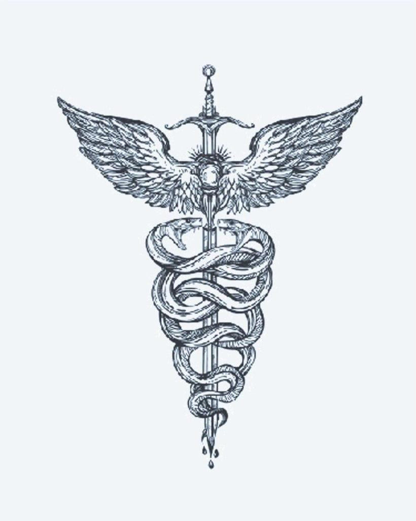 Caduceus Serpents & Sword semi-permanent tattoo design by INKON – elaborate, serpents, entwined, winged, sword illustration, 3 x 4 in (7x10cm), available at inkon.co