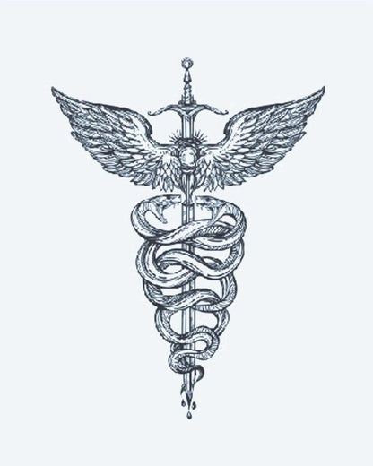 Caduceus Serpents & Sword semi-permanent tattoo design by INKON – elaborate, serpents, entwined, winged, sword illustration, 3 x 4 in (7x10cm), available at inkon.co