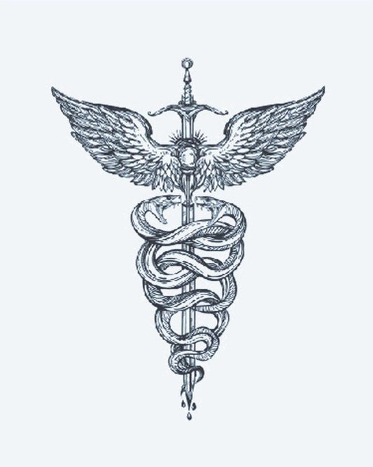 Caduceus Serpents & Sword semi-permanent tattoo design by INKON – elaborate, serpents, entwined, winged, sword illustration, 3 x 4 in (7x10cm), available at inkon.co