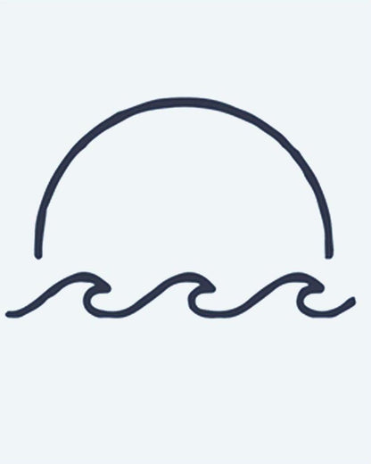 Sunset & Waves semi-permanent tattoo design by INKON – minimalist, half, setting, over, ocean illustration, 2 x 2 in (5x5cm), available at inkon.co