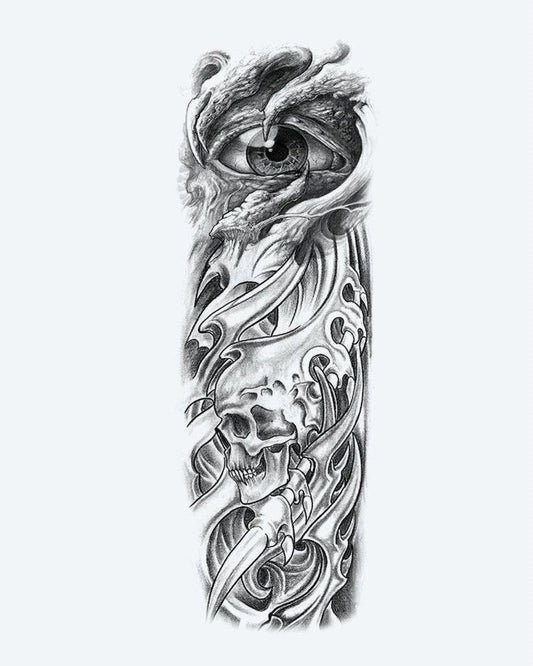Dragon Eye & Skull semi-permanent tattoo design by INKON – dramatic, full, sleeve, piercing, dragon illustration, 8 x 20 in (20x50cm), available at inkon.co