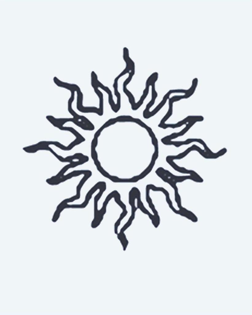 Sun semi-permanent tattoo design by INKON – wavy, organic, rays, radiating, circular illustration, 2 x 2 in (5x5cm), available at inkon.co