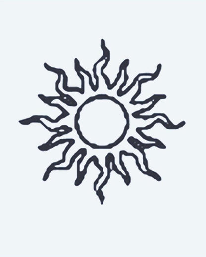 Sun semi-permanent tattoo design by INKON – wavy, organic, rays, radiating, circular illustration, 2 x 2 in (5x5cm), available at inkon.co