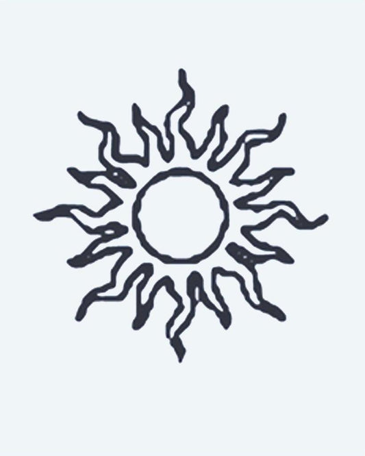Sun semi-permanent tattoo design by INKON – wavy, organic, rays, radiating, circular illustration, 2 x 2 in (5x5cm), available at inkon.co