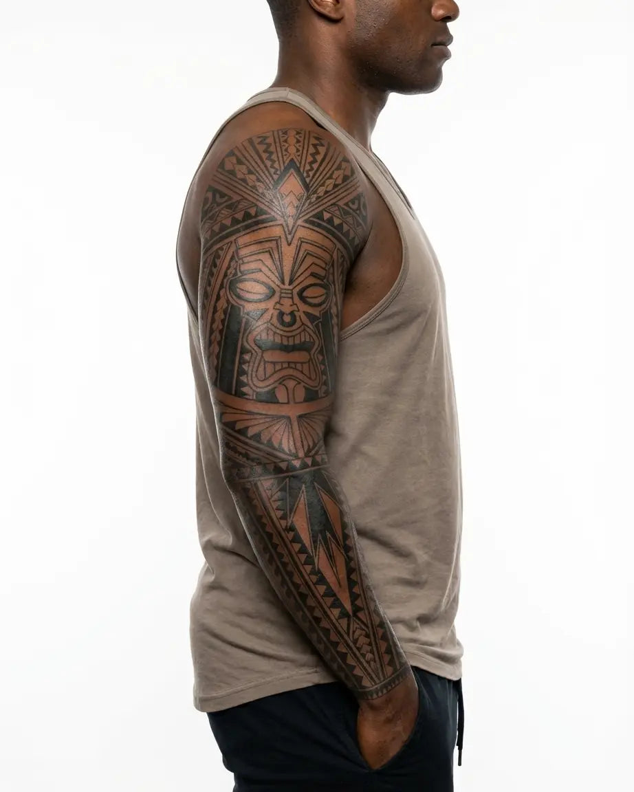 INKON Polynesian Tiki Warrior semi-permanent tattoo applied on a man – 8 x 20 in (20x50cm) design, realistic ink look, lasts 10 days