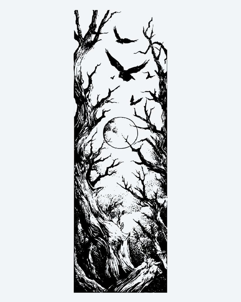 Dark Forest & Ravens semi-permanent tattoo design by INKON – atmospheric, gnarled, bare, trees, ravens illustration, 8 x 20 in (20x50cm), available at inkon.co