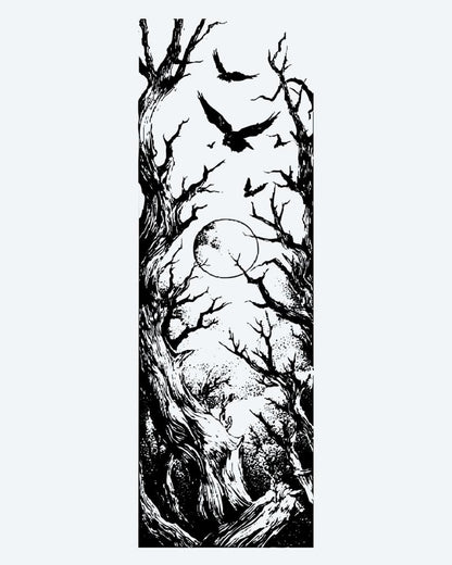 Dark Forest & Ravens semi-permanent tattoo design by INKON – atmospheric, gnarled, bare, trees, ravens illustration, 8 x 20 in (20x50cm), available at inkon.co