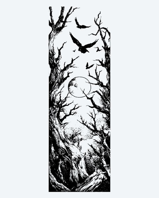 Dark Forest & Ravens semi-permanent tattoo design by INKON – atmospheric, gnarled, bare, trees, ravens illustration, 8 x 20 in (20x50cm), available at inkon.co