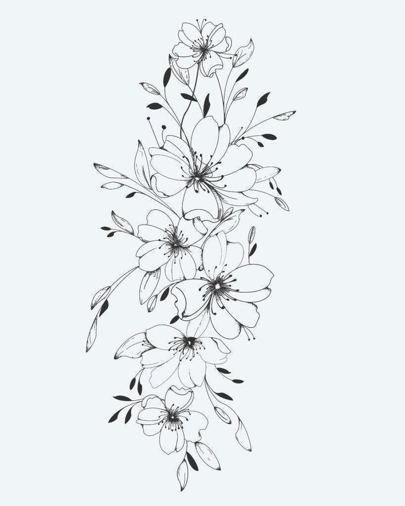 Cherry Blossom Cascade semi-permanent tattoo design by INKON – delicate, vertical, cascade, cherry, blossom illustration, 4 x 7 in (10x17cm), available at inkon.co