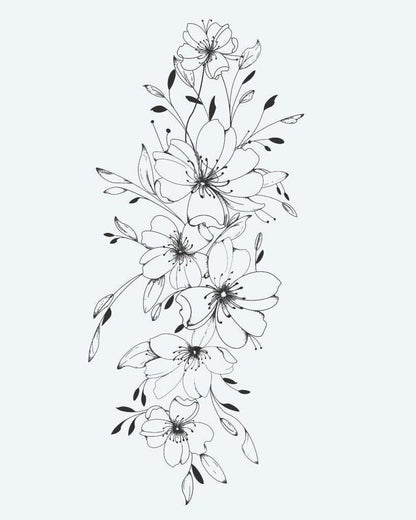 Cherry Blossom Cascade semi-permanent tattoo design by INKON – delicate, vertical, cascade, cherry, blossom illustration, 4 x 7 in (10x17cm), available at inkon.co