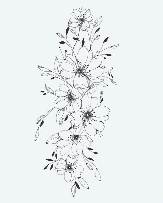 Cherry Blossom Cascade semi-permanent tattoo design by INKON – delicate, vertical, cascade, cherry, blossom illustration, 4 x 7 in (10x17cm), available at inkon.co