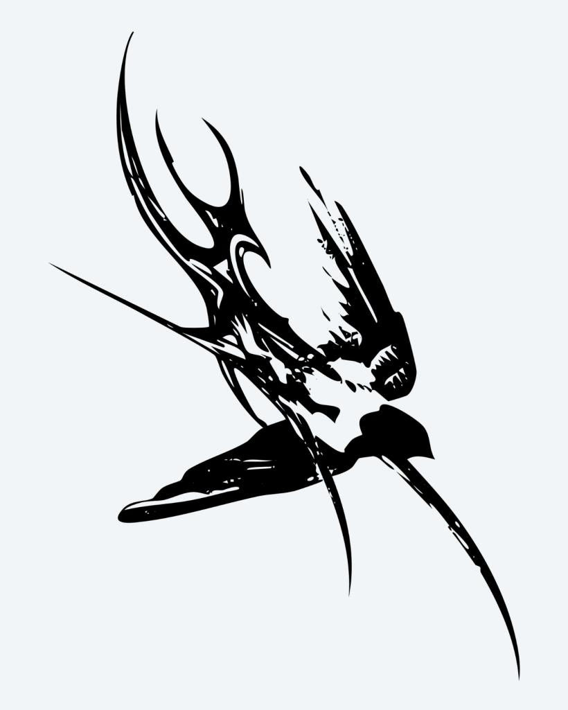 Tribal Swallow semi-permanent tattoo design by INKON – dynamic, swooping, swallow, bird, tribal illustration, 3 x 4 in (7x10cm), available at inkon.co
