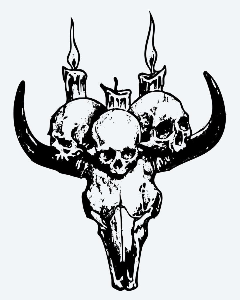 Bull Skull & Candles semi-permanent tattoo design by INKON – ritual, bull, skull, crowned, human illustration, 4 x 4 in (9x9cm), available at inkon.co