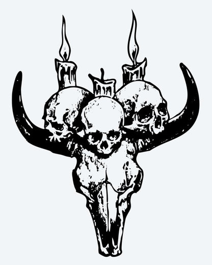 Bull Skull & Candles semi-permanent tattoo design by INKON – ritual, bull, skull, crowned, human illustration, 4 x 4 in (9x9cm), available at inkon.co