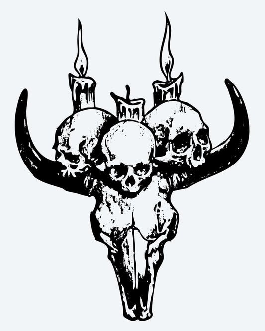 Bull Skull & Candles semi-permanent tattoo design by INKON – ritual, bull, skull, crowned, human illustration, 4 x 4 in (9x9cm), available at inkon.co