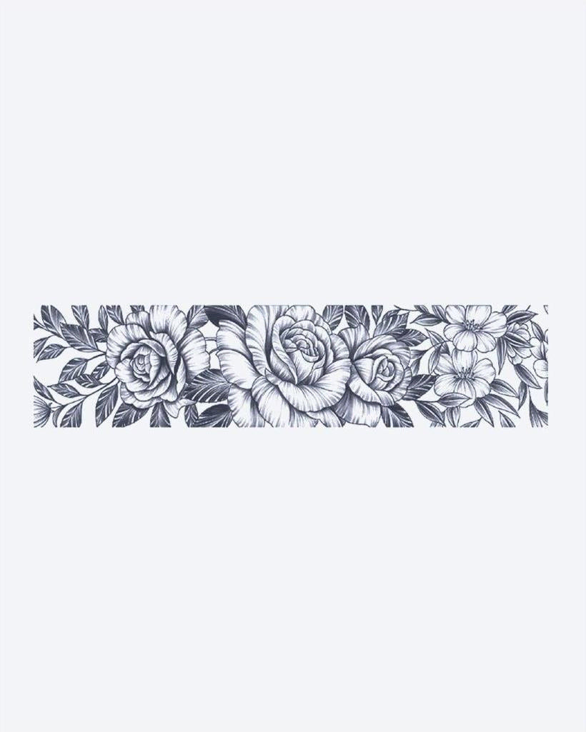 Rose Garden Band semi-permanent tattoo design by INKON – lush, horizontal, band, blooming, roses illustration, 2 x 9 in (5x23cm), available at inkon.co