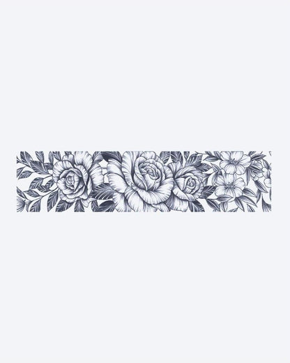 Rose Garden Band semi-permanent tattoo design by INKON – lush, horizontal, band, blooming, roses illustration, 2 x 9 in (5x23cm), available at inkon.co