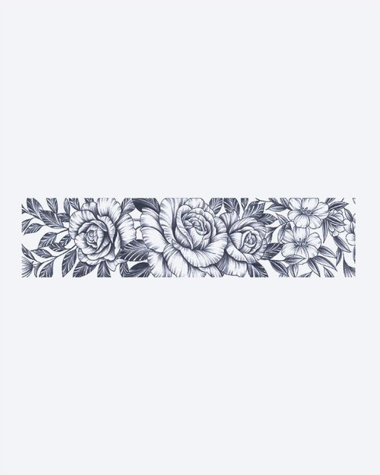 Rose Garden Band semi-permanent tattoo design by INKON – lush, horizontal, band, blooming, roses illustration, 2 x 9 in (5x23cm), available at inkon.co