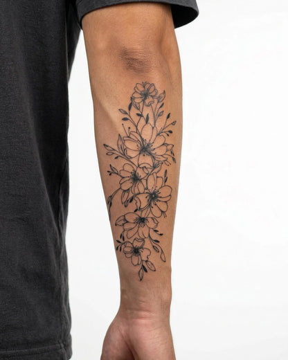 INKON Cherry Blossom Cascade semi-permanent tattoo applied on a man – 4 x 7 in (10x17cm) design, realistic ink look, lasts 10 days