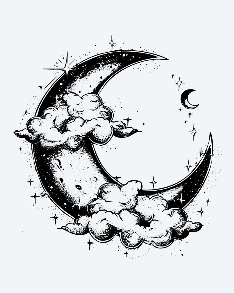 Crescent Moon & Clouds semi-permanent tattoo design by INKON – dreamy, crescent, moon, cradled, soft illustration, 4 x 4 in (9x9cm), available at inkon.co