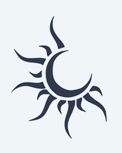 Sun & Moon semi-permanent tattoo design by INKON – crescent, moon, nestled, within, rays illustration, 2 x 2 in (5x5cm), available at inkon.co