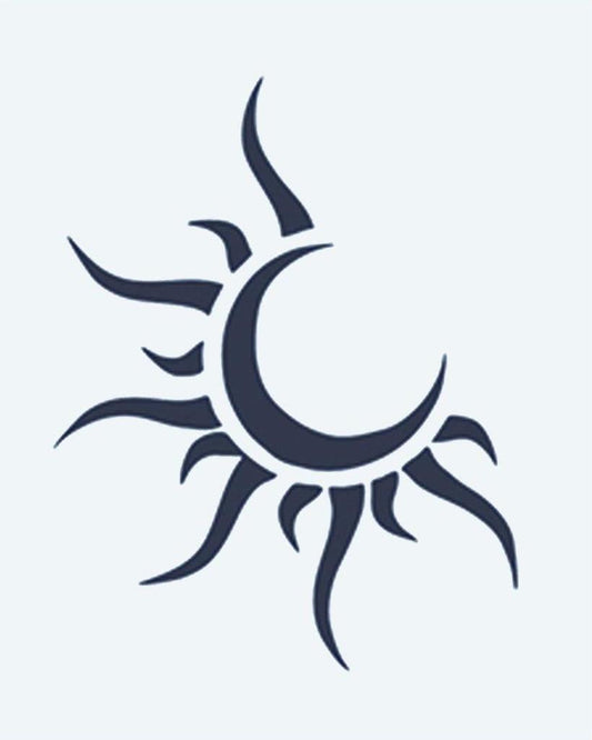 Sun & Moon semi-permanent tattoo design by INKON – crescent, moon, nestled, within, rays illustration, 2 x 2 in (5x5cm), available at inkon.co